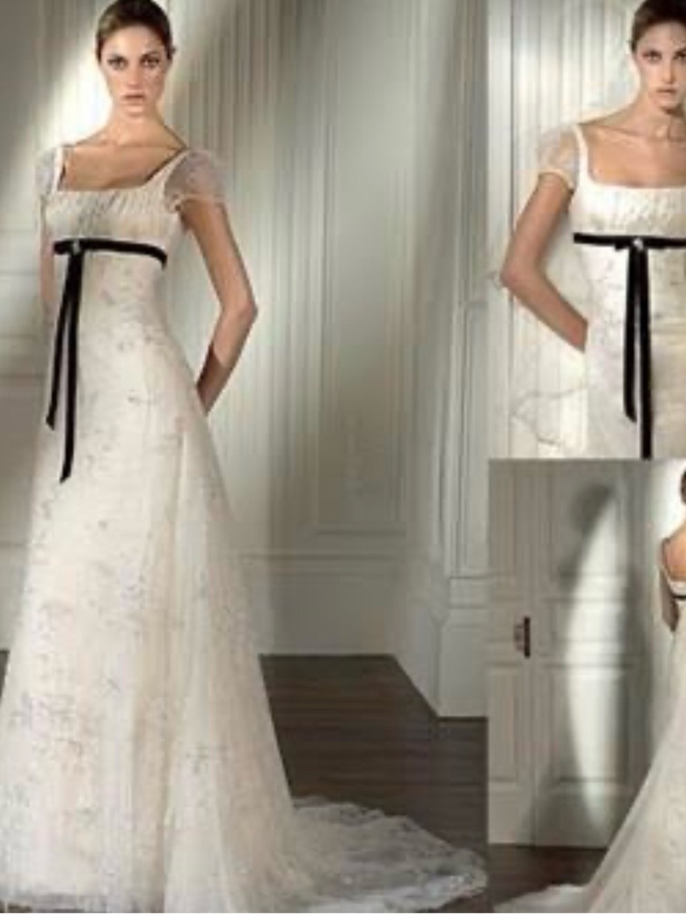 Vintage Pronovias Barcelona 2008 Ivory Wedding Gown with Black Velvet Ribbon